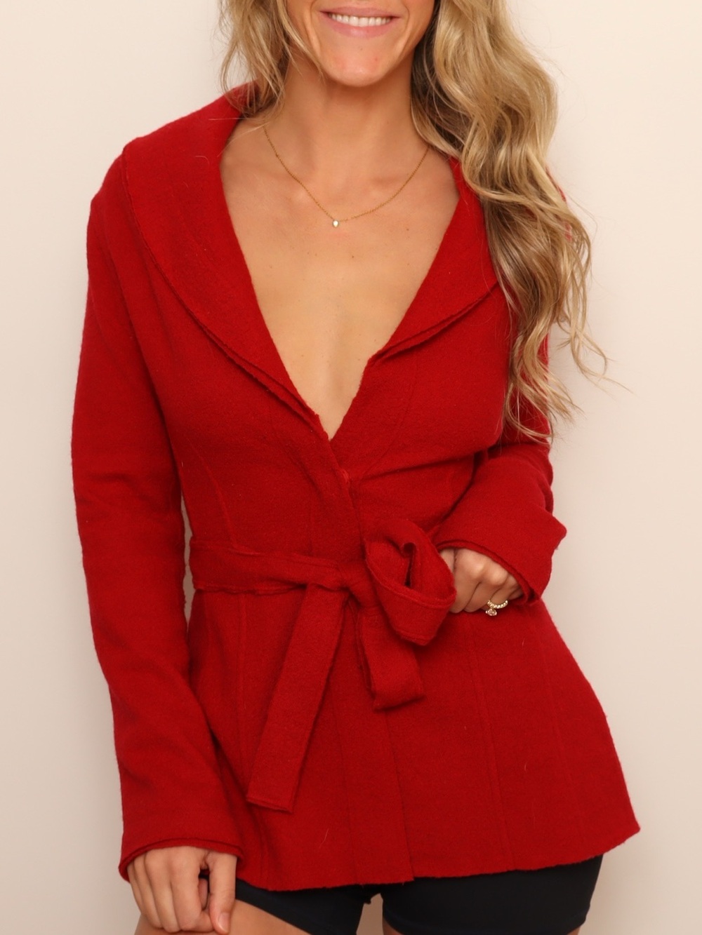 Vintage Red 100% Merino Wool Belted Wrap Jacket Coat
